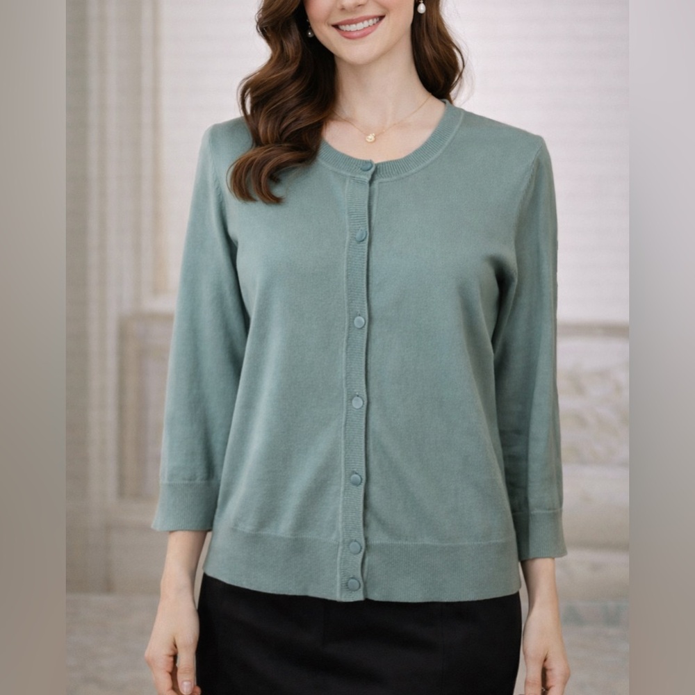 Talbots Womens Cardigan Sweater Seaglass Blue Green Small S Classic Pima Cotton